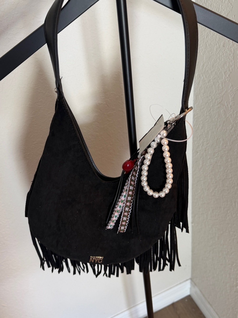 Black Fringe Suede look Shoulder Bag with Pearl Charm - NYC Madden - Picture 1 of 2